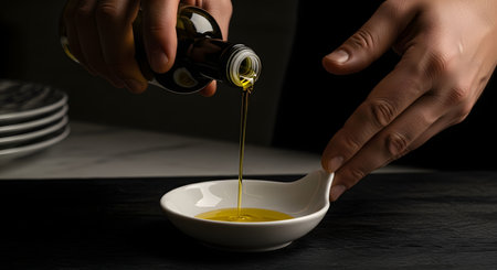 Close-up of hands pouring olive oil from a dark bottle into a small white dish, highlighting the rich color and texture of the oil.の素材