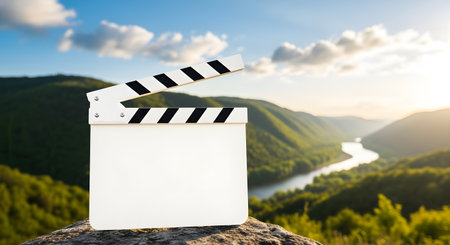 A white clapperboard sits on a rock in a beautiful mountain valley with a river winding through it, bathed in the warm light of a sunset.の素材