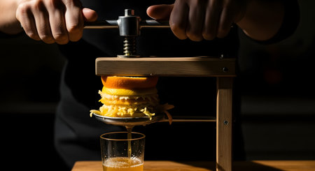 Close-up of a chef using a wooden juicer to extract fresh juice from fruit, with juice dripping into a glass.の素材