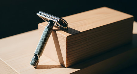 A metallic double edge safety razor rests on a light brown wooden block, casting a shadow.の素材