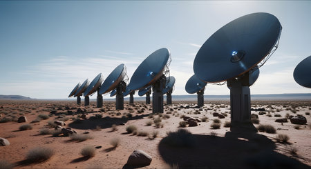 A row of large satellite dishes stands in a dry, rocky desert under a clear blue sky.の素材