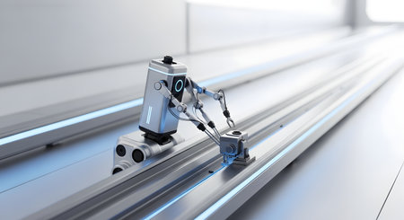A small, futuristic robot with articulated arms works diligently on a metallic track, showcasing advanced automation in an industrial setting.の素材