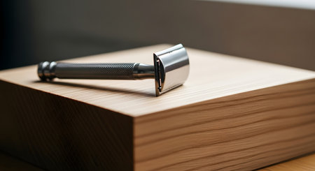 A sleek, metallic double edge safety razor rests on a textured wooden block, highlighting its timeless design and craftsmanship.の素材