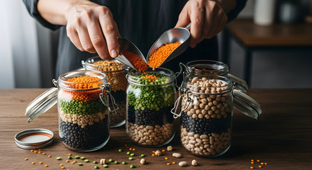 A close-up shot shows hands carefully adding spices to jars filled with layers of various dried legumes and grains, showcasing organized pantry storage.の素材