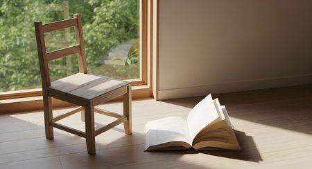 A vintage wooden chair sits next to an open book, illuminated by warm sunlight streaming through a nearby window, creating a peaceful and contemplative atmosphere.の素材