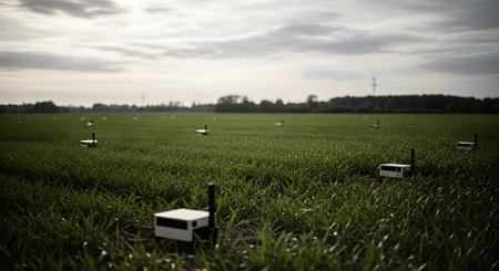 A wide shot of a green field with several small agricultural drones deployed for monitoring purposes. The sky is overcast, suggesting a potentially damp environment.の素材