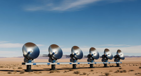 A row of parabolic dishes, likely scientific instruments, stand in a vast, arid desert landscape. The sky above is a clear, bright blue.の素材