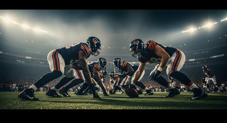 Two teams of American football players in full gear line up on a brightly lit stadium field, poised for the start of the game.の素材