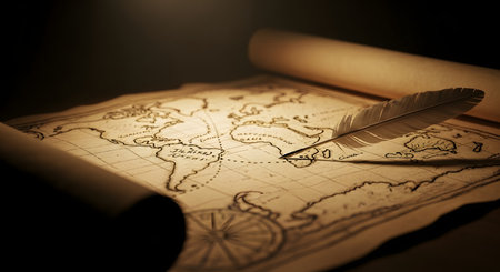 A vintage world map, unrolled and detailed, lies on a dark surface with a quill pen resting on it, evoking a sense of history and exploration.の素材