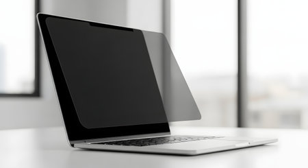 Cybersecurity concept showing a privacy screen on a notebook computer to guard against data theft and ensure confidentiality in a corporate environment.の素材