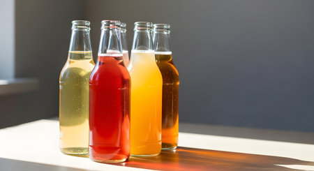 A collection of four glass bottles filled with vibrant, colorful beverages, standing on a wooden surface.の素材