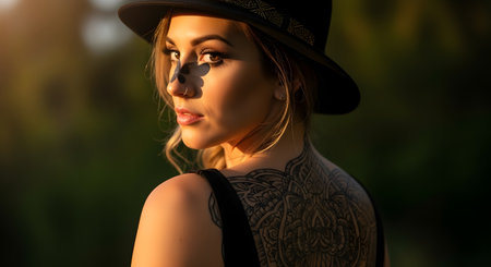 A stunning portrait of a woman with a large tattoo on her back, wearing a hat, bathed in the warm glow of golden hour sunlight.の素材