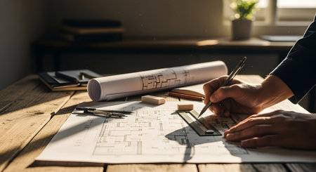 Close-up of hands working on architectural blueprints with drafting tools and rolled plans on a wooden desk, bathed in natural light.の素材