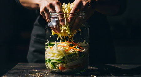 A close-up shot of hands packing shredded vegetables into a large glass jar, likely for fermentation or pickling.の素材