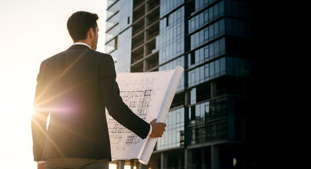 A businessman in a suit holds blueprints while standing in front of a modern building under construction, bathed in sunlight.の素材