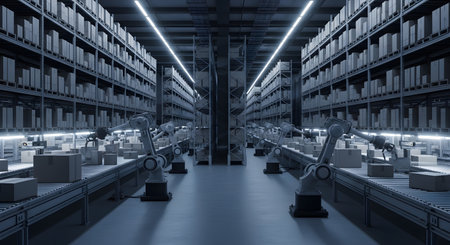A futuristic automated warehouse interior featuring rows of shelves, robotic arms, and conveyor belts, illuminated by cool blue lighting.の素材