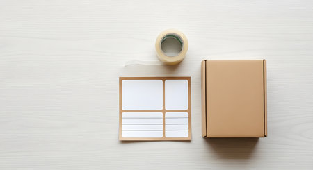 Overhead view of an open cardboard box with labels and a roll of packing tape on a plain background, prepared for shipping.の素材