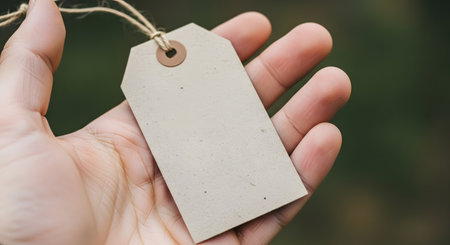 A blank, light brown kraft paper tag with a string loop is held open in a persons palm, ready for a price, name, or message.の素材