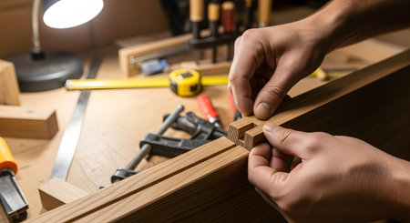 Close-up of a carpenters hands assembling a wooden structure with tools like clamps and a measuring tape visible on the workbench.の素材