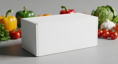 A plain white box sits in the foreground, with a vibrant assortment of fresh vegetables like bell peppers, tomatoes, lettuce, and broccoli arranged behind it.の素材