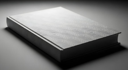 A closed, blank hardcover book rests on a flat surface, illuminated by dramatic side lighting that casts a shadow.の素材