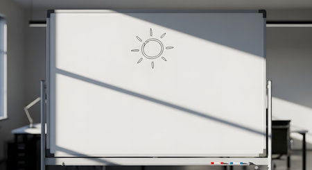 A clean whiteboard with a simple sun drawing and light rays, illuminated by natural light streaming through a window.の素材