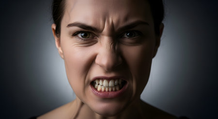 A womans face contorted in extreme anger, teeth bared in a snarl, eyes narrowed and intense.の素材