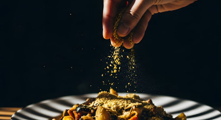 A hand sprinkles seasoning onto a prepared meal, highlighting the final touch of culinary artistry.の素材