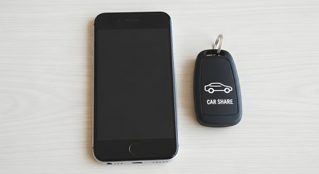 Top view of a black smartphone and a car share service key fob on a white surface. Represents modern mobility, vehicle rental apps, and transportation technology.の素材