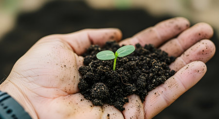 A persons hands gently cradle a tiny green sprout emerging from rich, dark soil, symbolizing new growth and agriculture.の素材