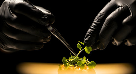 Close-up of a chef wearing black gloves, carefully placing microgreens onto a dish with tweezers, highlighting precision and culinary artistry.の素材