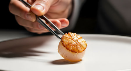 Close-up of a chefs hands using metal tongs to delicately position a golden-brown seared scallop onto a clean white plate, highlighting culinary artistry.の素材