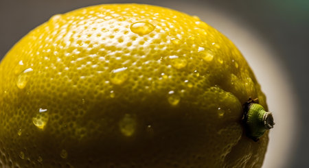 A vibrant yellow lemon, glistening with fresh water droplets, captured in a close-up shot, highlighting its textured peel.の素材