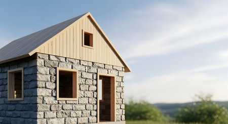 A quaint stone cottage featuring a wooden gable and door, set against a backdrop of a vast, cloudy sky and blurred natural landscape.の素材