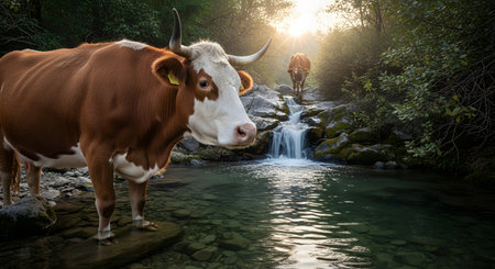 A brown and white cow stands in a shallow stream, with a waterfall and sunbeams filtering through the trees in the background.の素材
