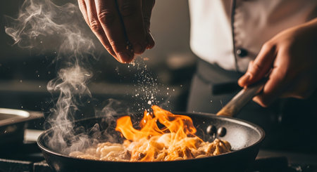 Close-up of a chef adding ingredients to a wok with intense flames and steam rising, showcasing a dynamic cooking process.の素材