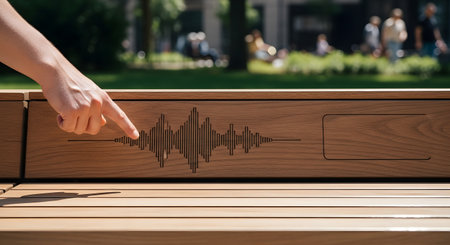 A persons finger points to a sound wave design carved into a wooden park bench on a sunny day.の素材