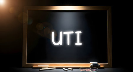 A dark chalkboard with the letters UTI written in glowing white chalk, representing a urinary tract infection.の素材