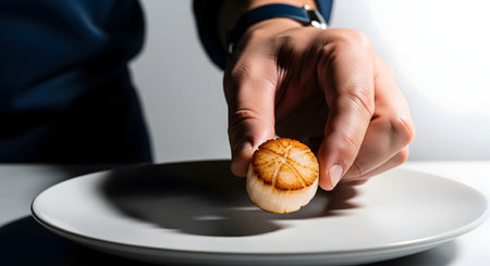 A close-up shot of a chefs hand holding a golden-brown seared scallop over a white plate, ready for serving.の素材