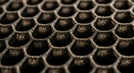 Detailed macro view of a honeycomb, highlighting the intricate hexagonal pattern of the cells.の素材