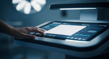 A persons hand touches a glowing screen on a modern device, suggesting advanced technology and user interaction.の素材