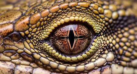 An extreme close-up macro photograph captures the detailed texture and patterns of a crocodiles eye, highlighting its reptilian scales and vertical pupil.の素材