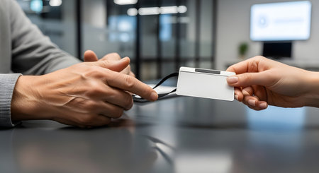Detailed shot of an employee being handed an identification badge at a companys front desk. Focus is on the hands and the card, with a corporate setting out of focus.の素材