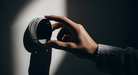 A persons hand is holding a black smart watch. A bright light casts a shadow on the wall behind.の素材