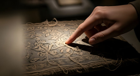 A persons finger delicately touches the detailed carvings on an old, textured object, highlighting the craftsmanship.の素材