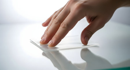 A human hand delicately interacts with a clear, reflective surface, creating a sense of touch and interaction.の素材