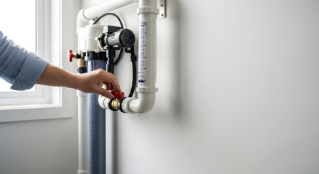 A persons hand is seen turning a red valve on a complex water filtration system, highlighting maintenance and water quality.の素材