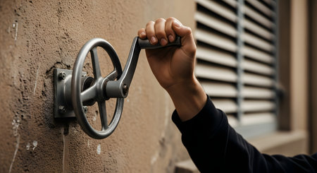 A persons hand is shown turning a large, industrial metal valve attached to a rough, textured wall. The valve has spokes and a handle.の素材