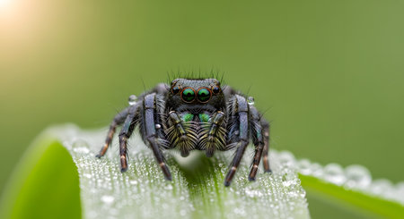 Macro photograph of a small jumping spider with vibrant green eyes sitting on a blade of grass covered in morning dew drops.の素材