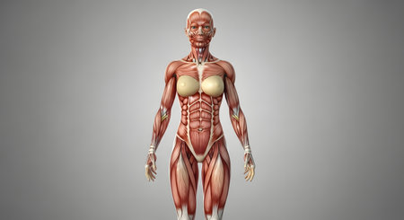 Detailed 3D render showcasing the intricate network of muscles in a female human anatomy.の素材